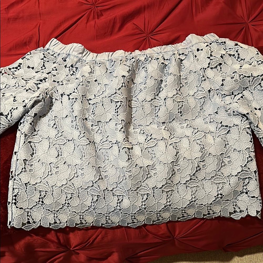 Elegant Pale Blue Lace Off-Shoulder Top